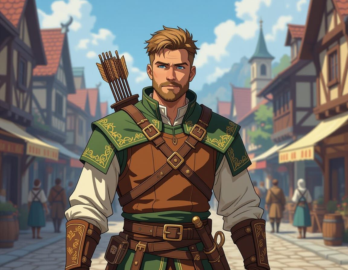 Fantasy Archer in Bavarian-Japanese Town, Cel-Shaded Style
