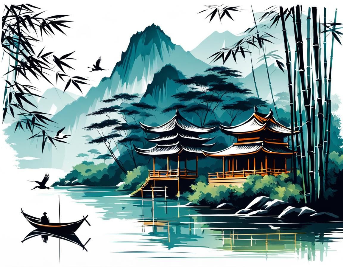Tranquil Bamboo Scene in Vectorized Brush Painting