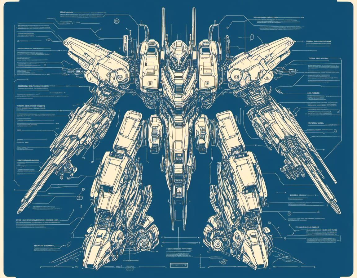 Sleek Mecha Diagram in White Line Art