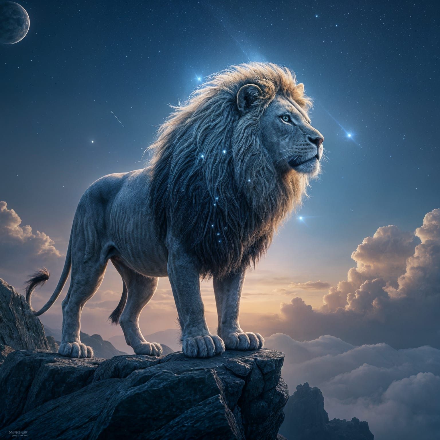 Lion with Starlight Mane Overlooking Galaxy