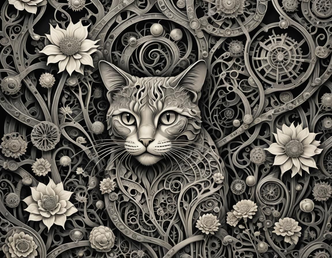 Biopunk Feline in Dystopian Escher Landscape