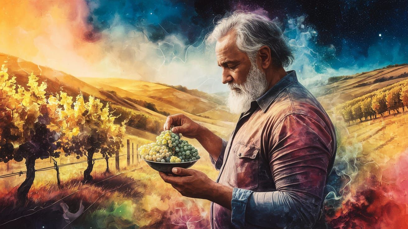 Vineyard Owner in Dreamlike Watercolor Landscape