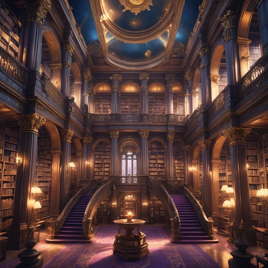 Colossal Library with Grand Staircases in Fantasy Style