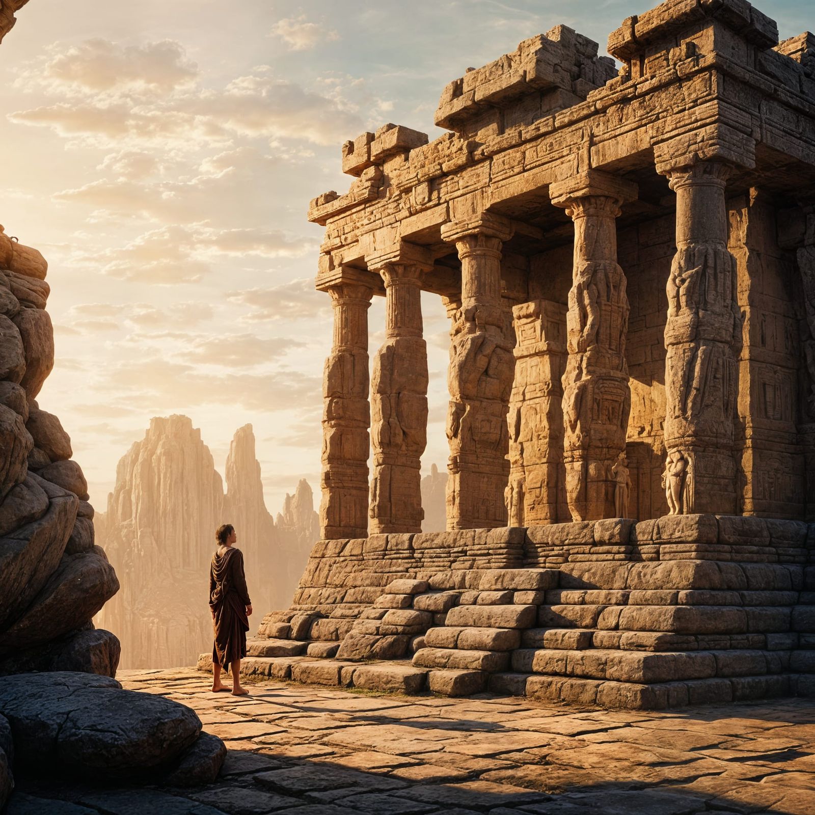 Traveler at Ancient Temple Precipice in Photorealistic Style