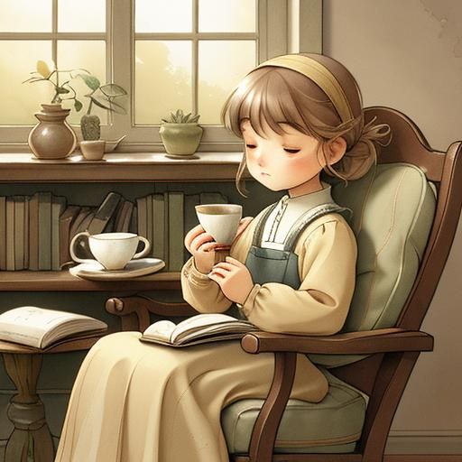 Cozy Watercolor: Girl, Dog, Tea by Wood Stove