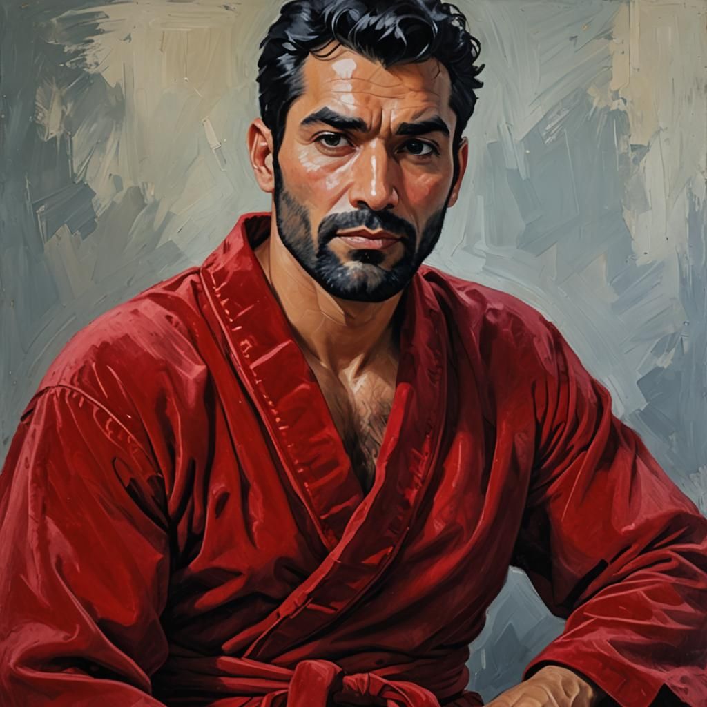 Pensive Man in Red Velvet Robe: Impressionist Portrait
