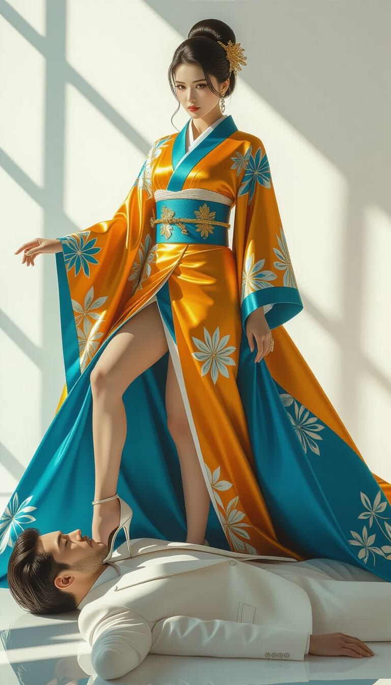 Japanese Woman in Amber and Azure Outfit Stands on Man