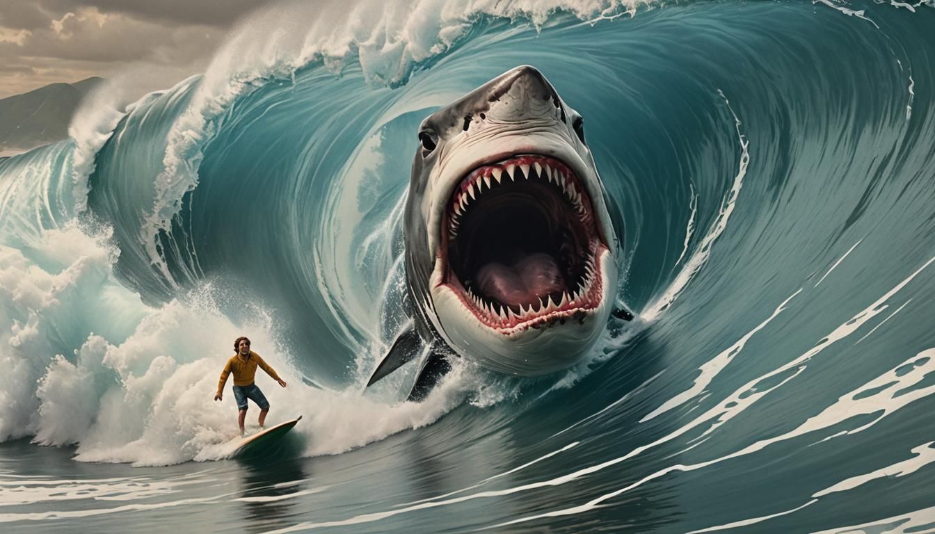 AI Recreation of Jaws Poster with Surfer and Shark