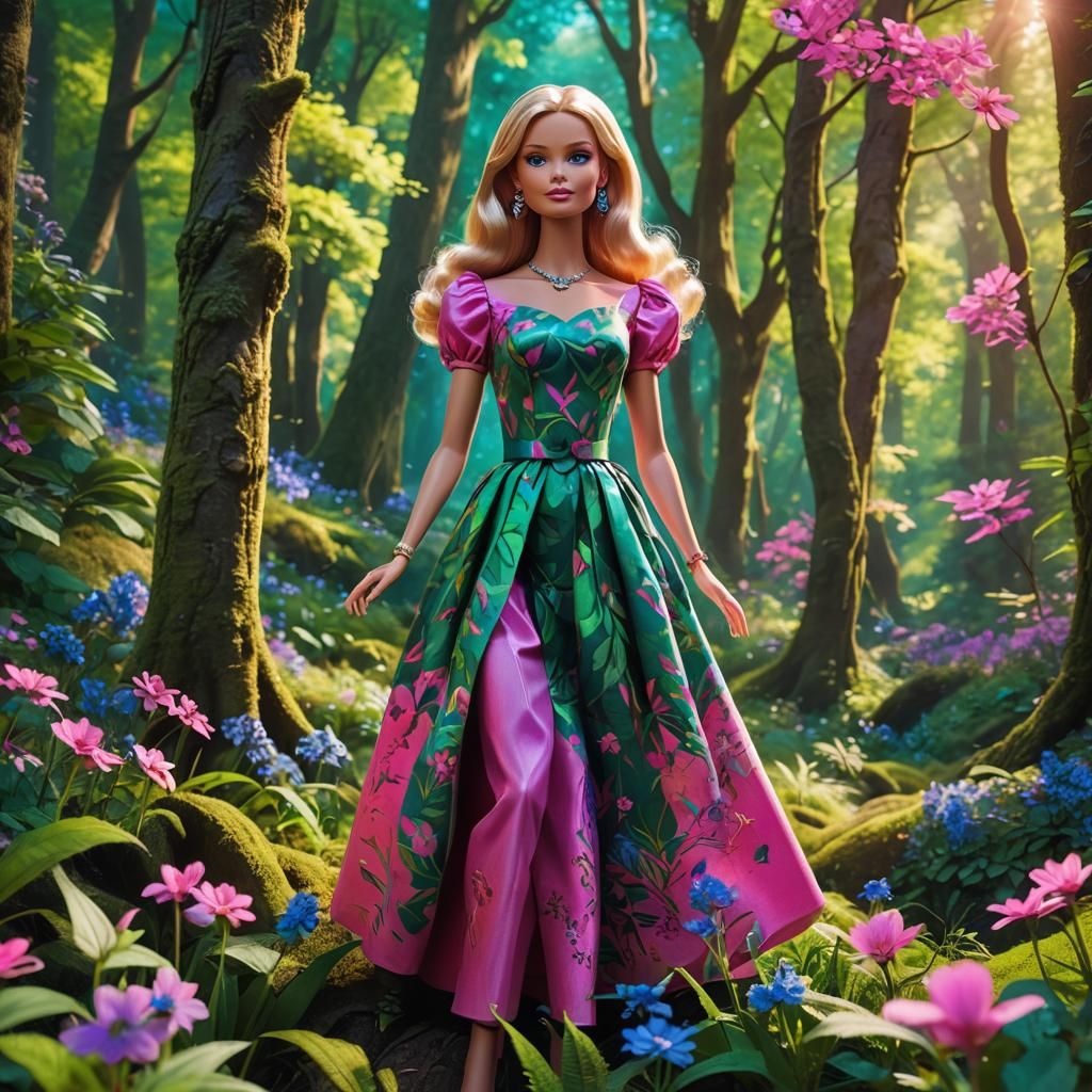 Barbie in a Lush Forest: Fantasy Concept Art