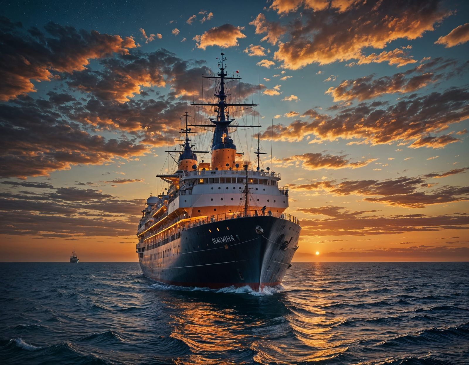 Illuminated Ship Deck at Sunset on Ocean