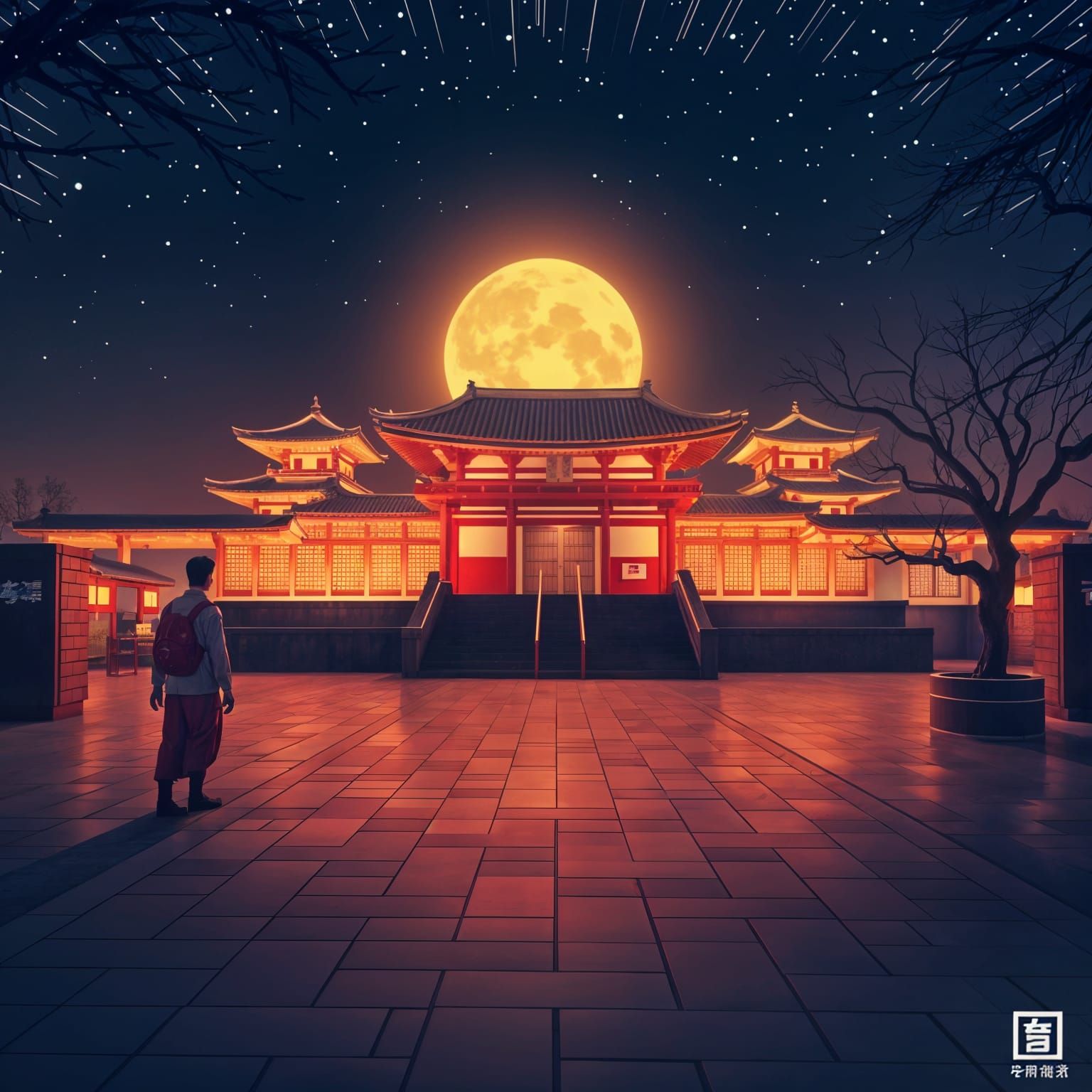 Japanese Temple Under Full Moon