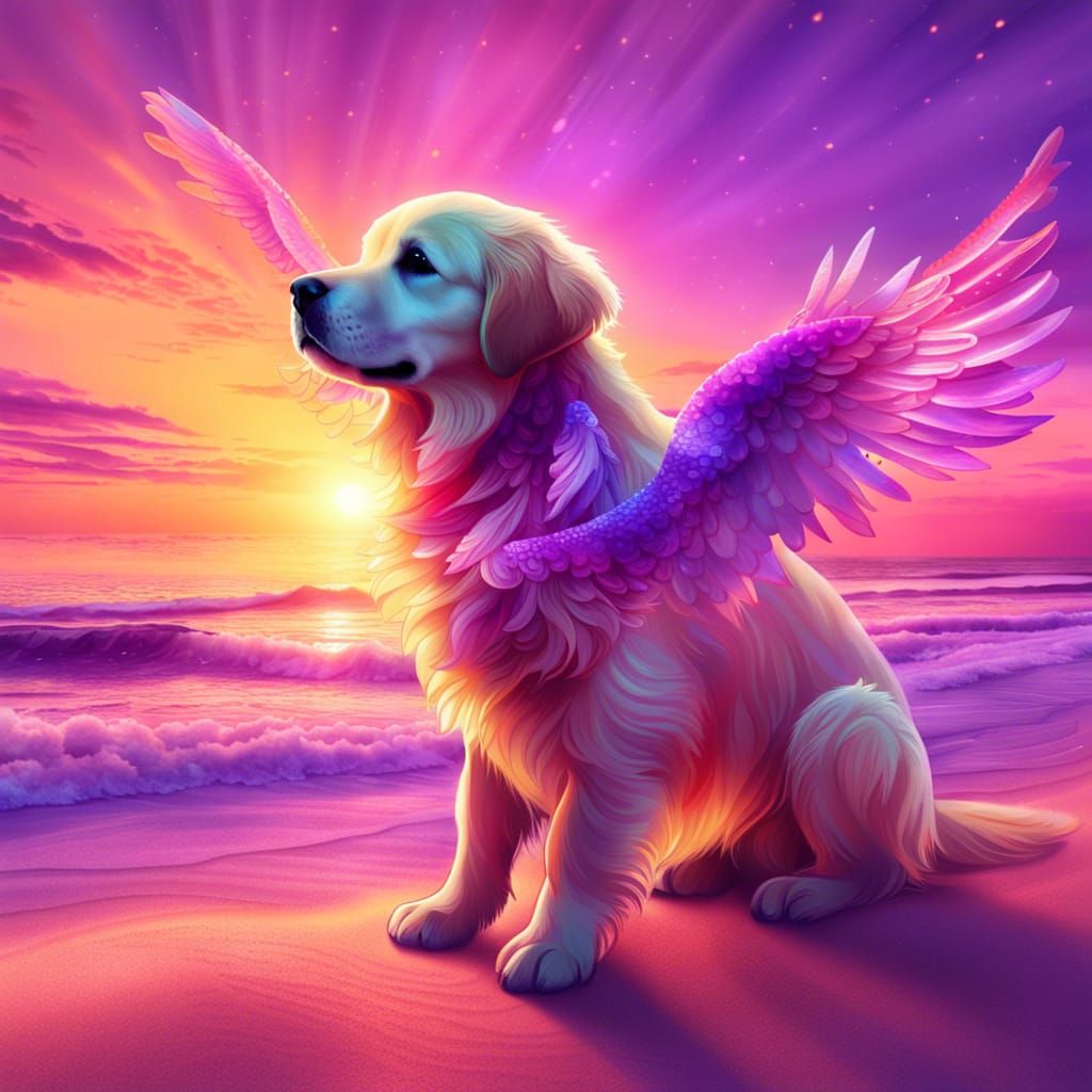 Golden Retriever Puppy Ascends on Sunset Beach