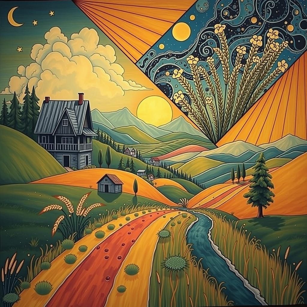 Golden Hour Landscape with Wheat Fields and Hills