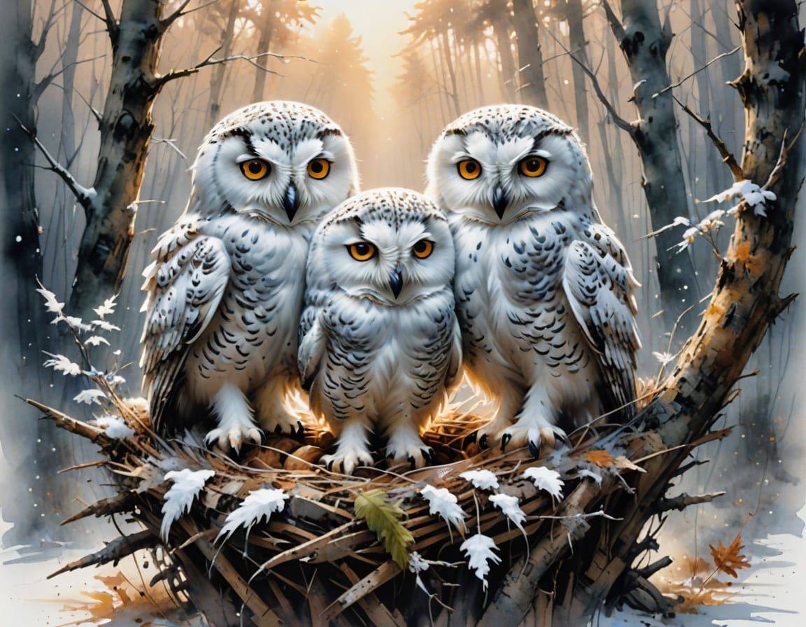 Baby Snow Owls in Watercolor Forest Scene