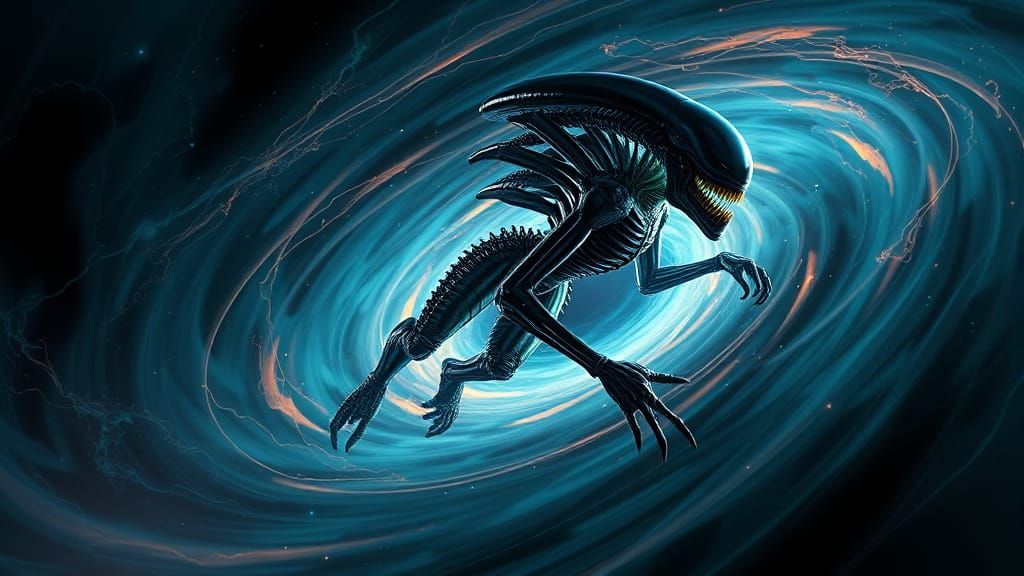 Dark, Biomechanical Xenomorph Swirls in Turbulent Space Vort...