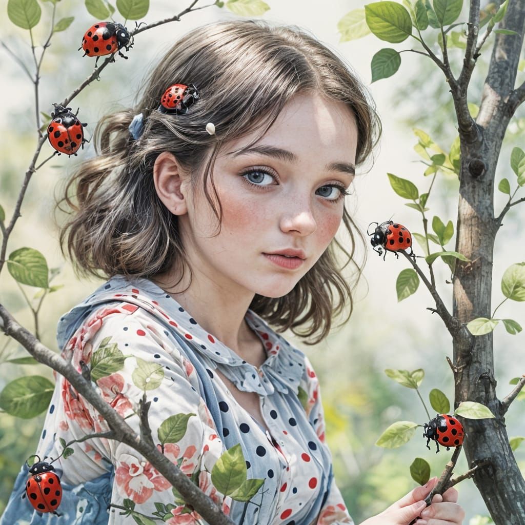 Girl Covered in Ladybugs on Tree Branch