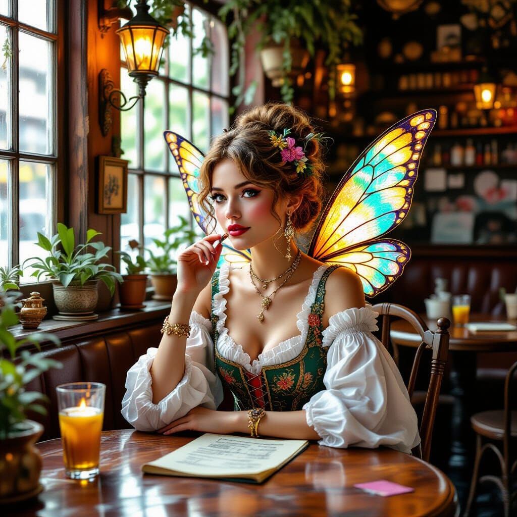 Luminous Embroidered Fairy in Busy Saloon