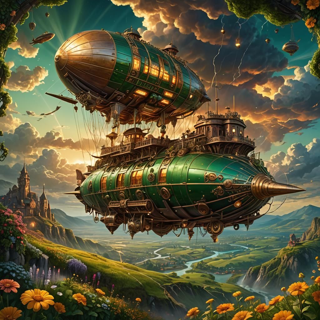Steampunk Airship Over a Glowing Flower Landscape