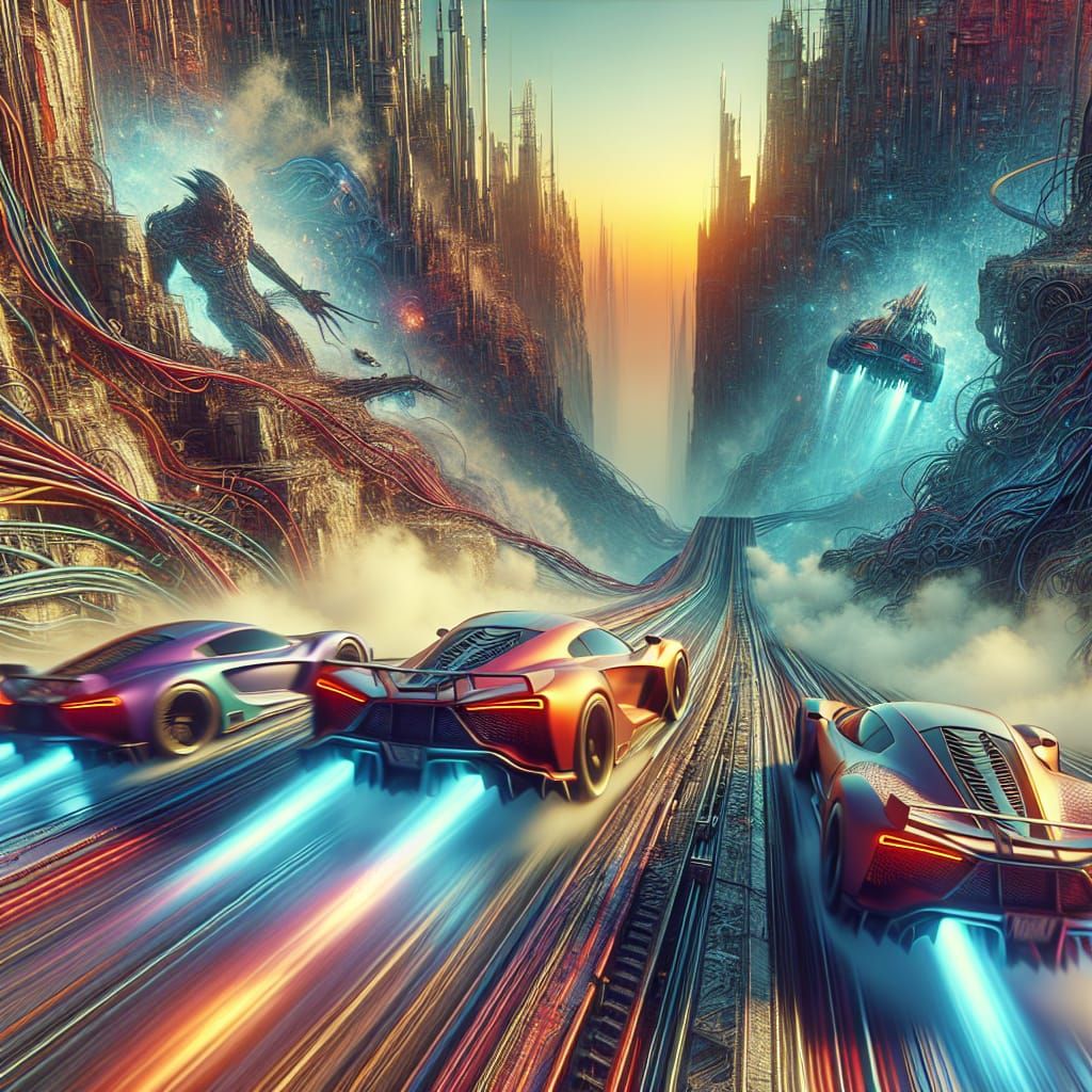 Muscle Cars Race Off Cliff Edge in Fantasy Matte Painting