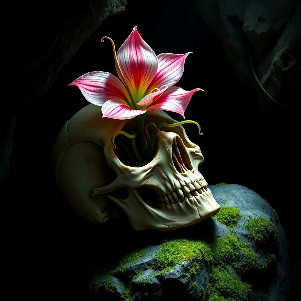Gothic Carnivorous Plant Blooming Inside Skull