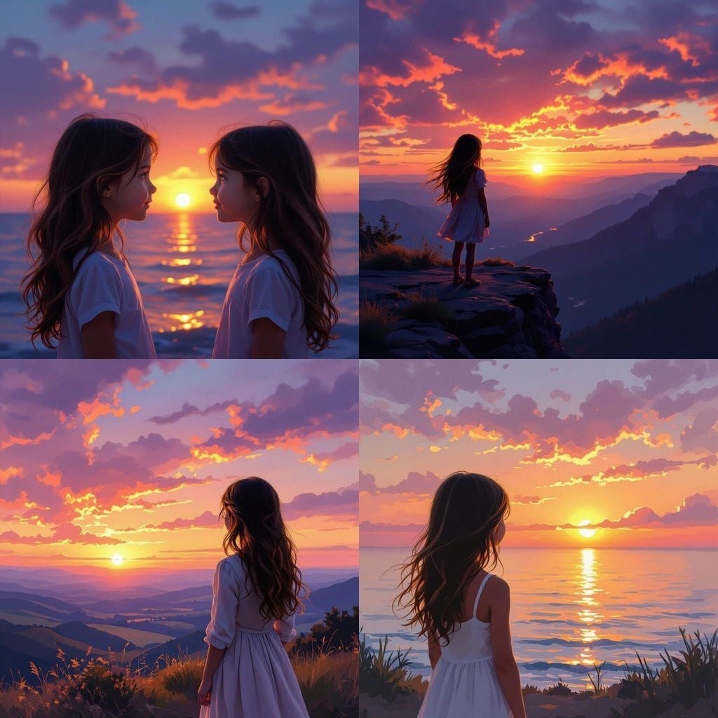 Girl with Brown Hair Gazes at a Beautiful Sunset