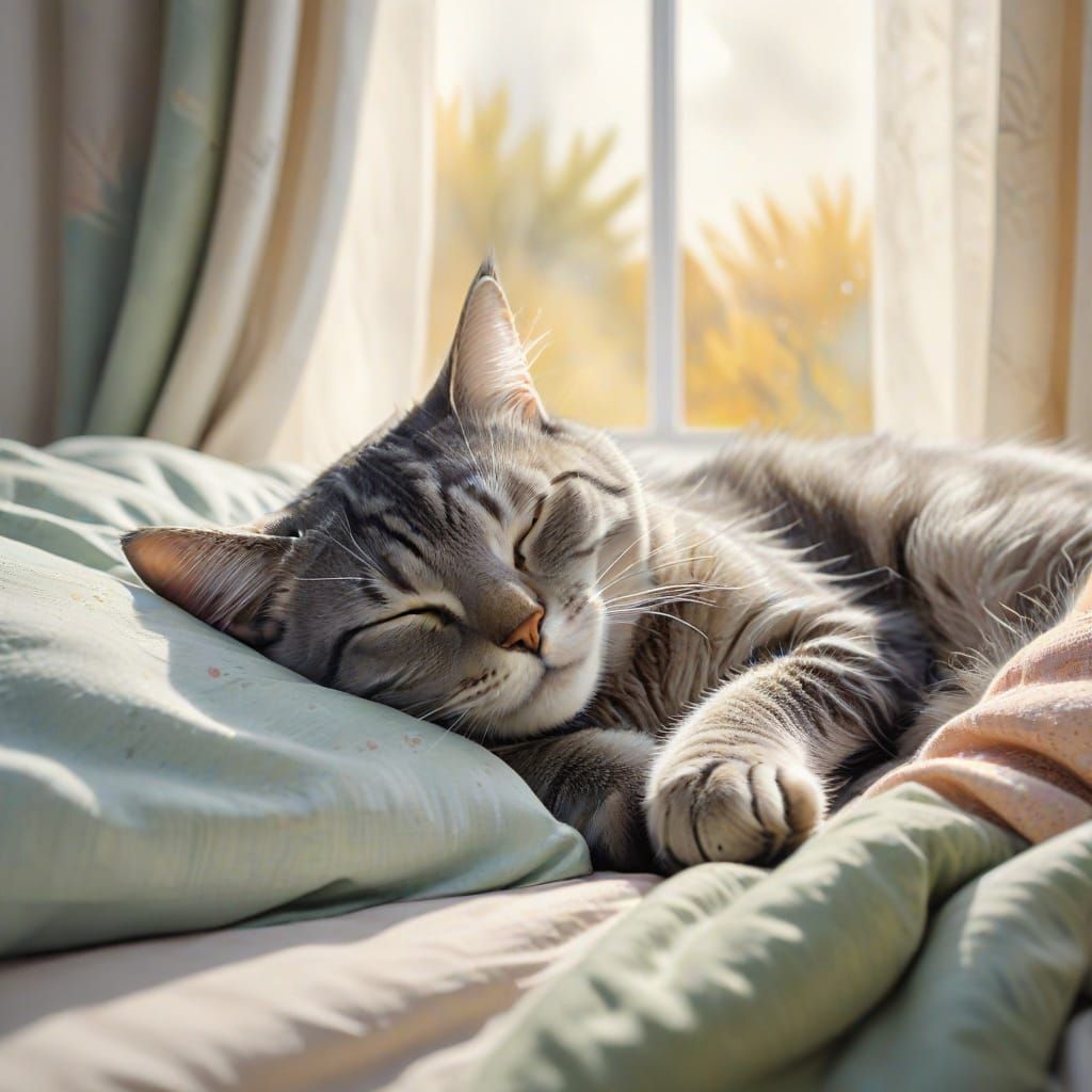 Grey Tabby Cat Sleeping: Soft Watercolor Illustration