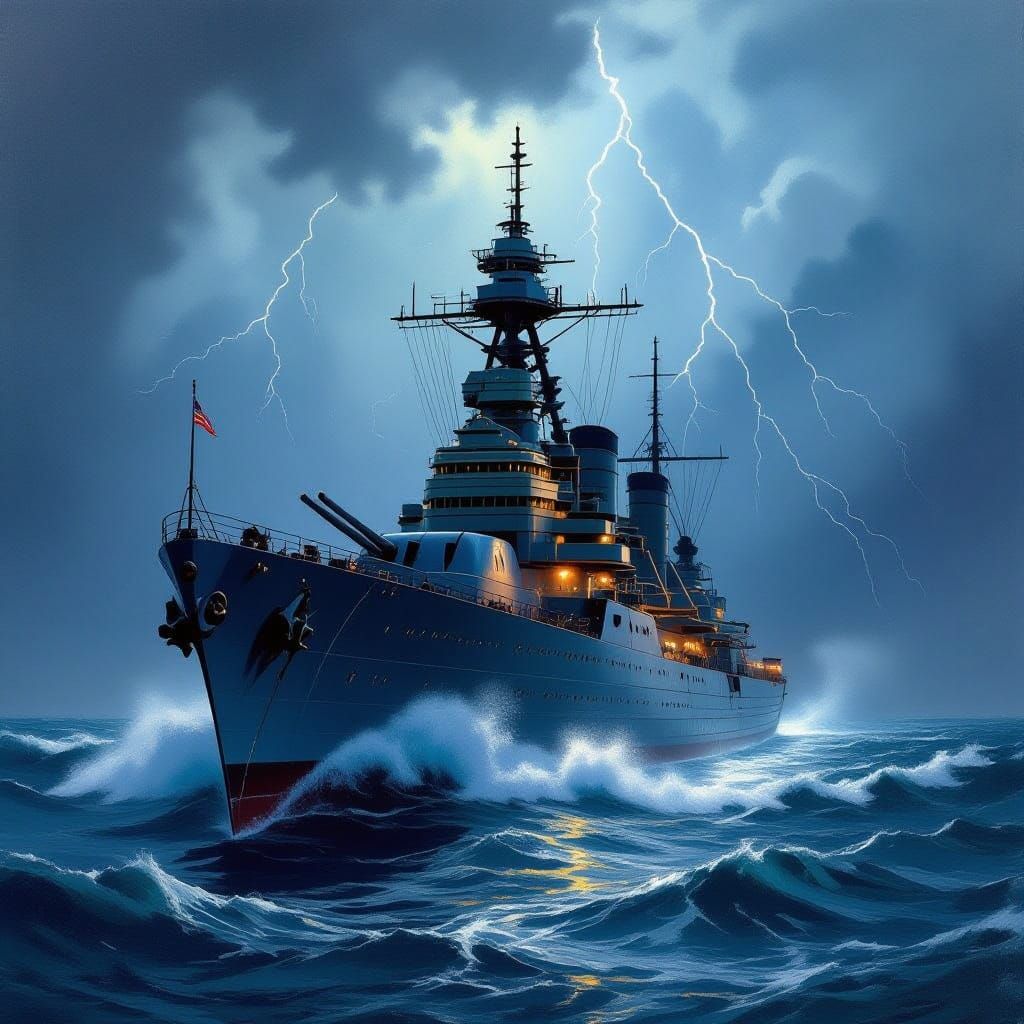 USS California Battleship in Stormy Seas Oil Painting