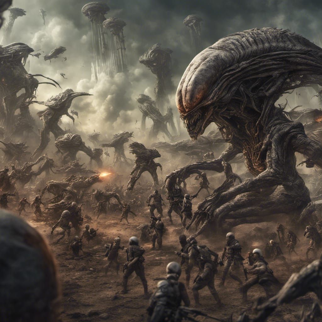Hyperrealistic Alien War in Detailed Matte Painting