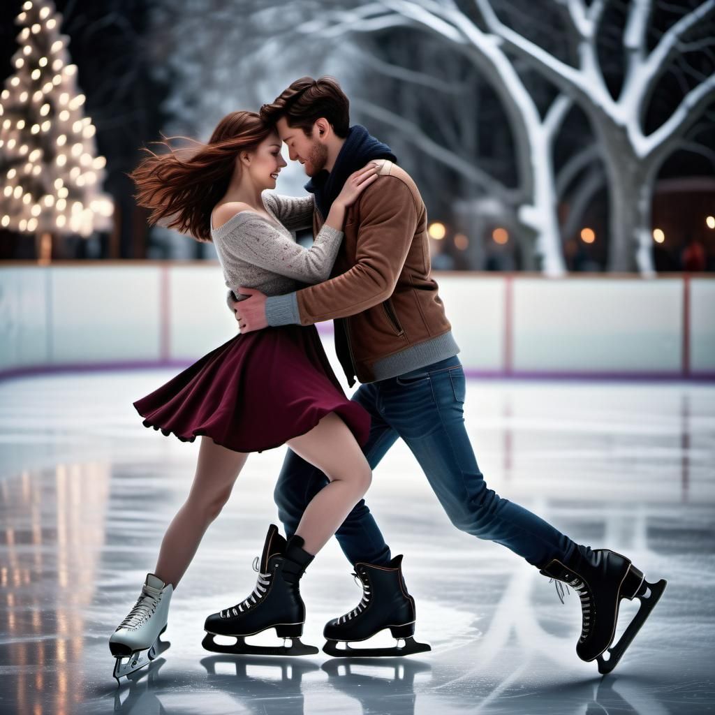 A couple falling in love on first date ice skating dark haired male, Auburn haired female intricate details, HDR, beauti...