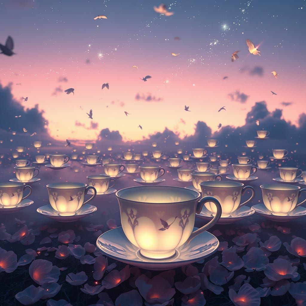 Ethereal Twilight: Floating Teacups in Dreamlike Fantasy