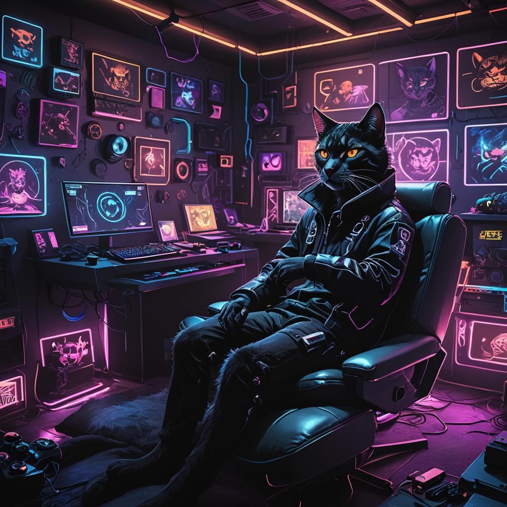 Cyberpunk Feline Gamer Smokes in Neon Room