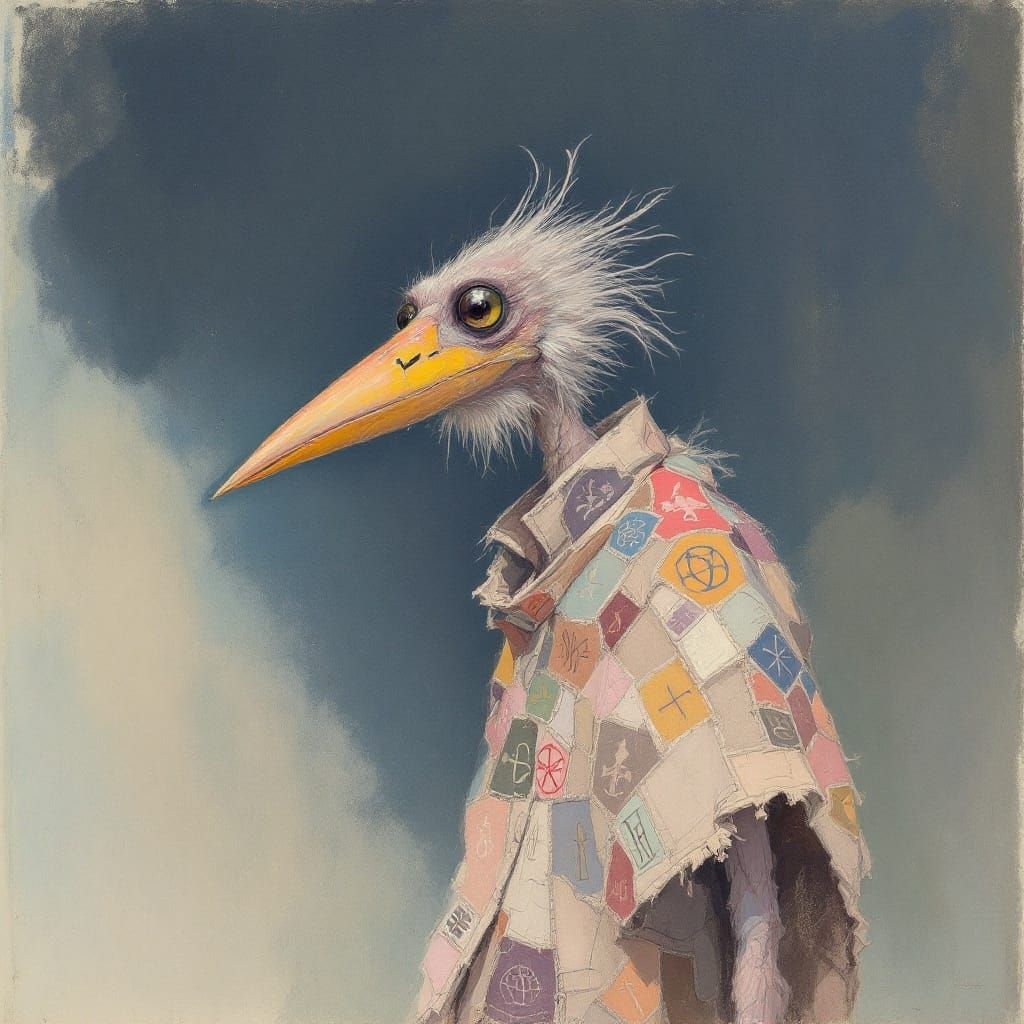 Impressionist Bird Figure in Tattered Attire