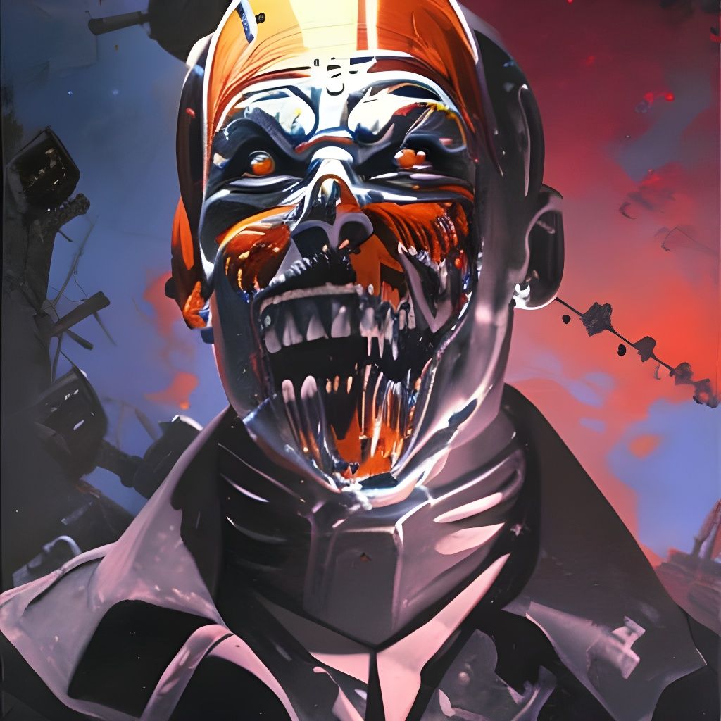 Menacing Cyborg Clown in Cosmic Impasto Painting