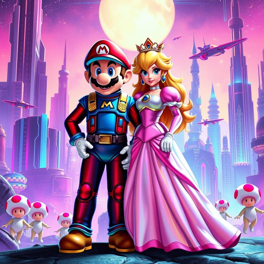 Mario and Princess Peach in a Futuristic Mushroom Kingdom Ci...
