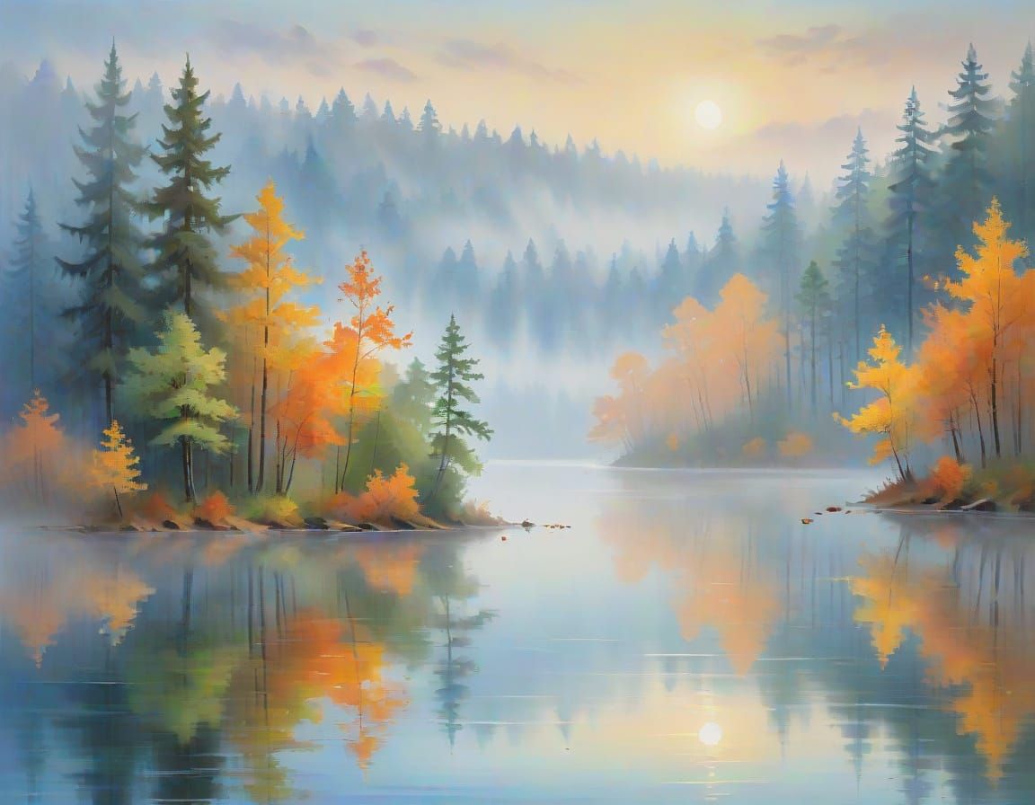 Impressionist Landscape Painting of a Misty Forest