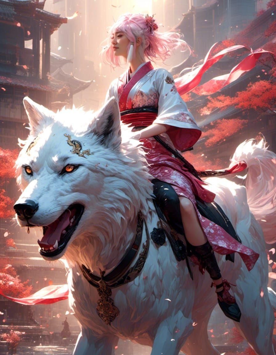 Pink-Haired Warrior Woman Rides White Wolf Anime Art