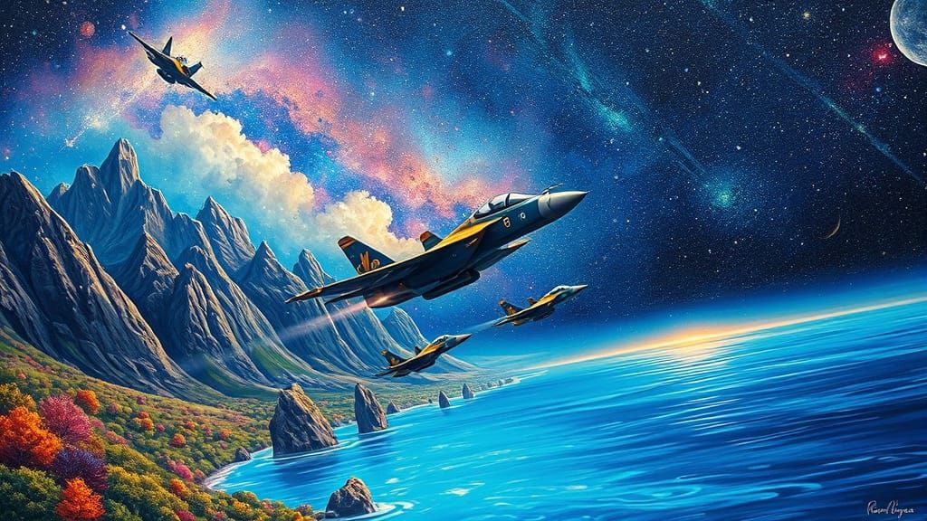 Cosmic Fighter Aircraft in Surreal Fantasy Landscape