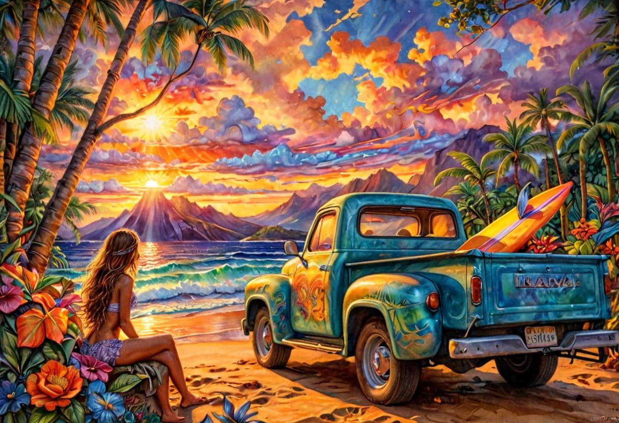 Hawaiian Woman Sunset Serenity with Vintage Truck and Surfbo...