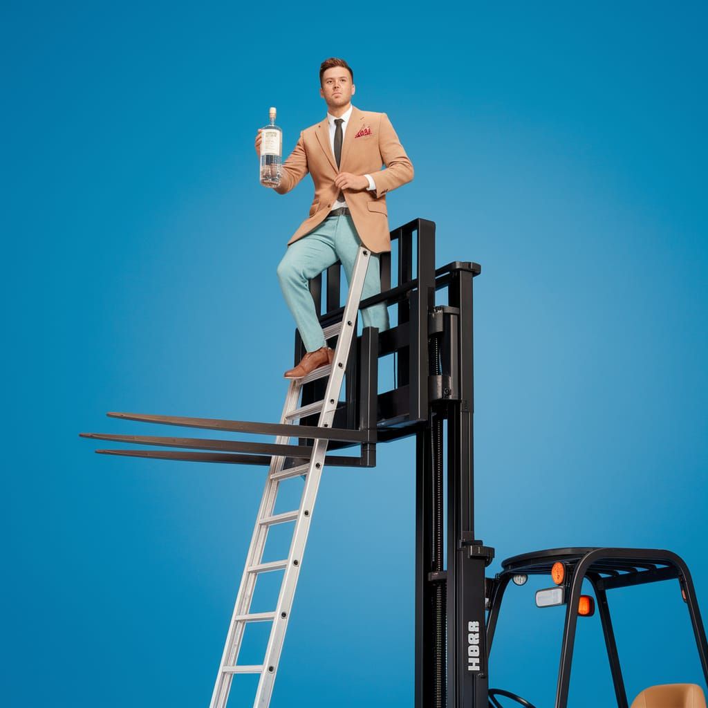 Man on Forklift Ladder Holds Vodka Bottle