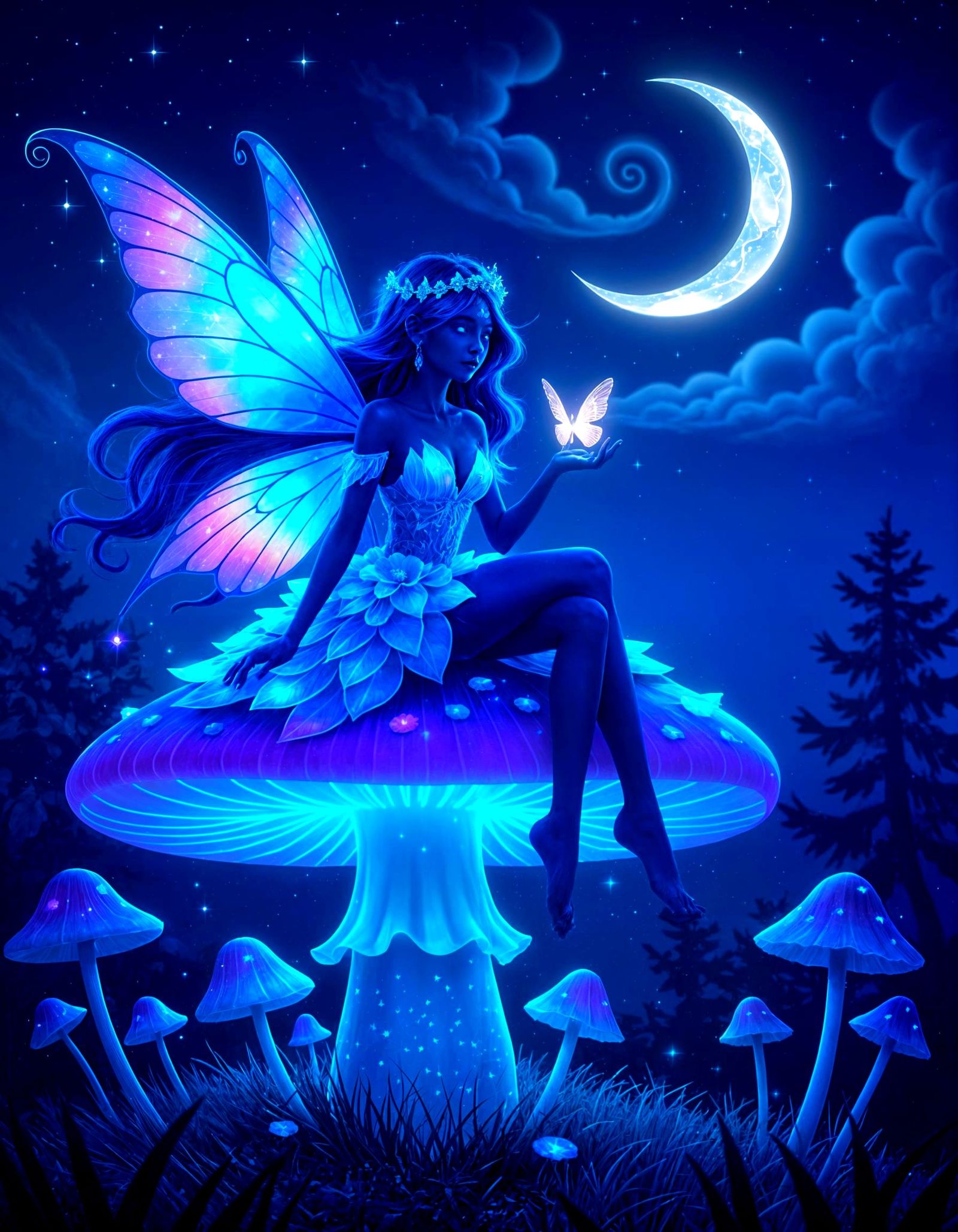 Mystical Fairy on Bioluminescent Mushroom in Dreamlike Twili...