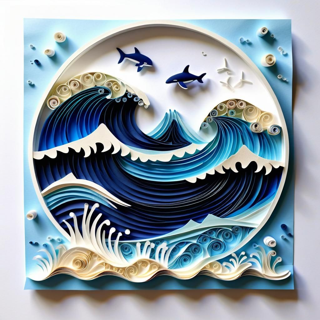 Papercraft Ocean Waves with Surfers in Origami Style