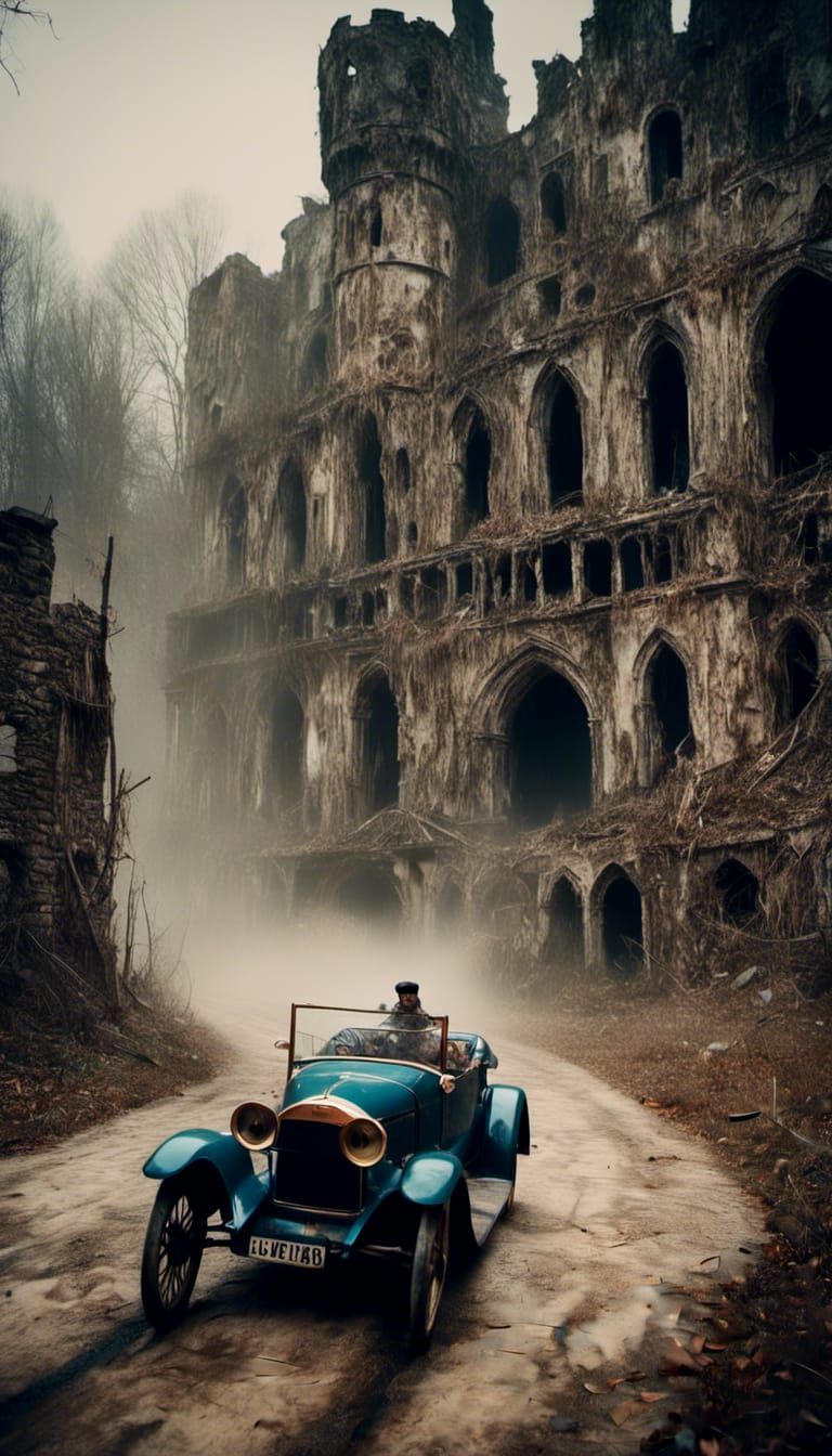 Macabre Old-Fashioned Car Race by a Castle