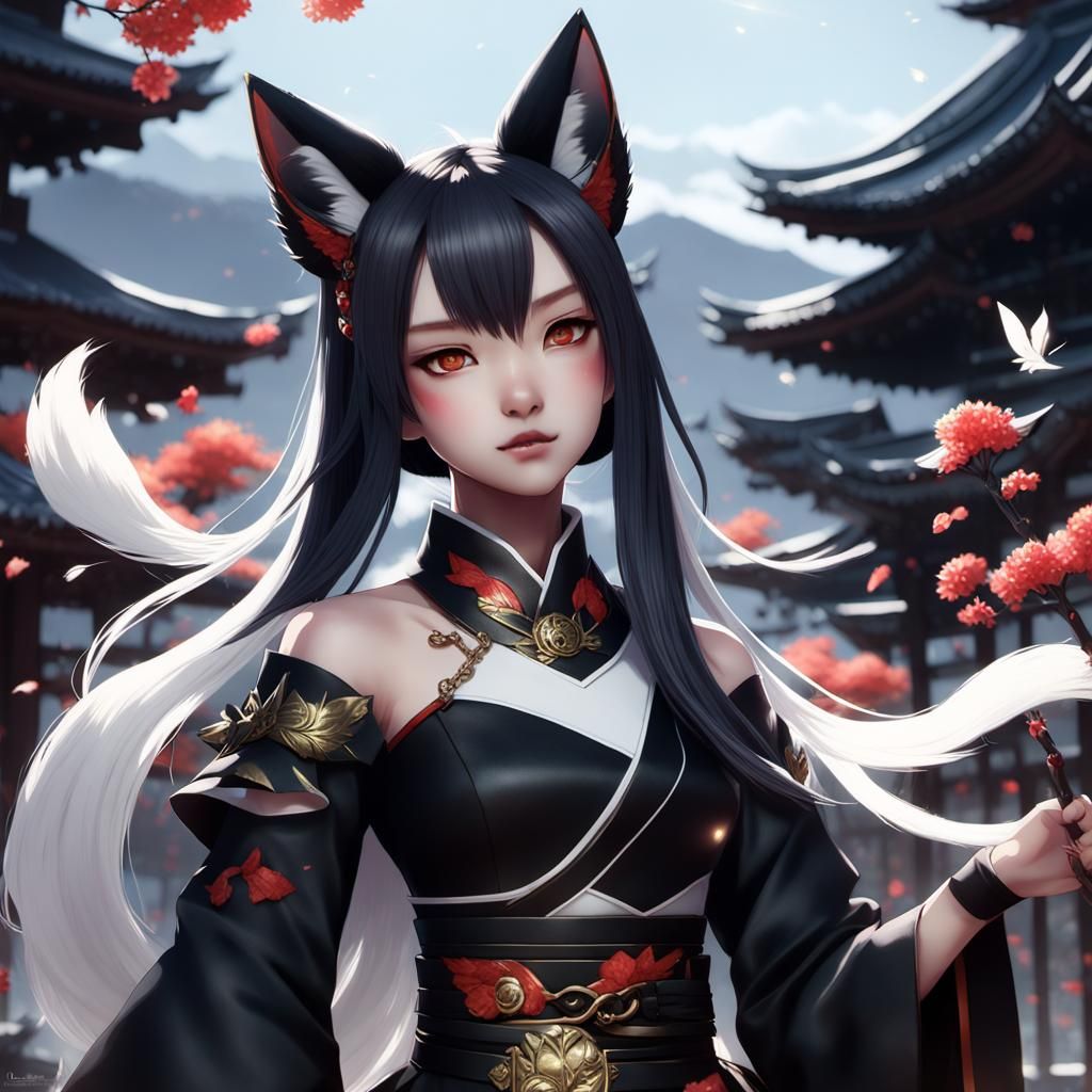 Detailed 3D Anime Black Kitsune Princess