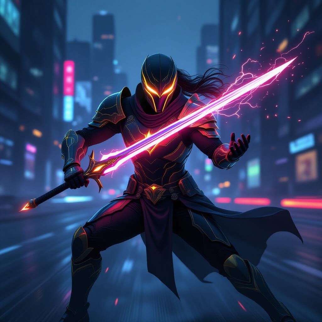 Heroic Warrior Wields Radiant Energy Sword in Futuristic Cit...