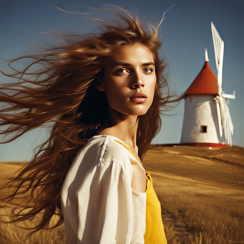 Teenager in Wind near Portuguese Windmill, Portrait