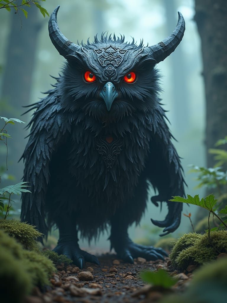 Celtic Owlbear in Eerie Fairy Forest: Digital Art