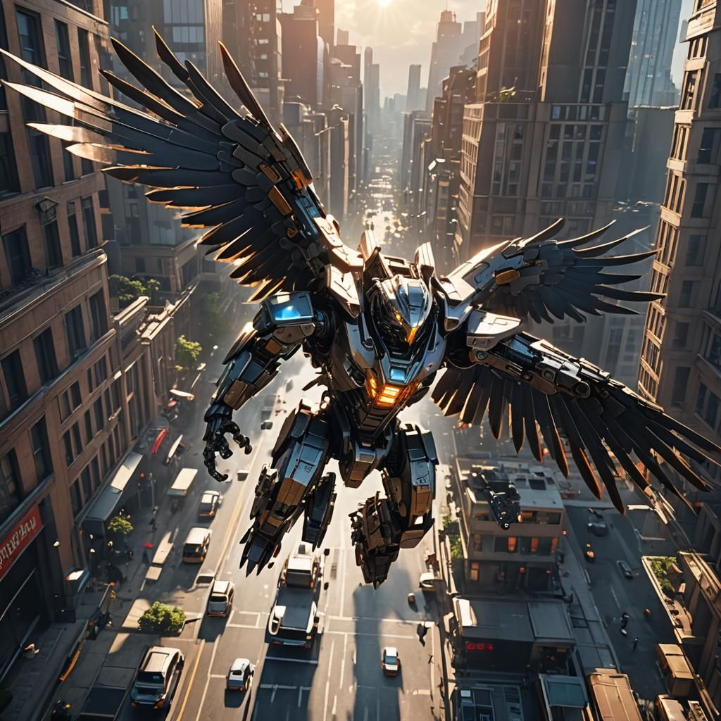 Futuristic Giant Eagle Soaring Through City, Sci-Fi Art