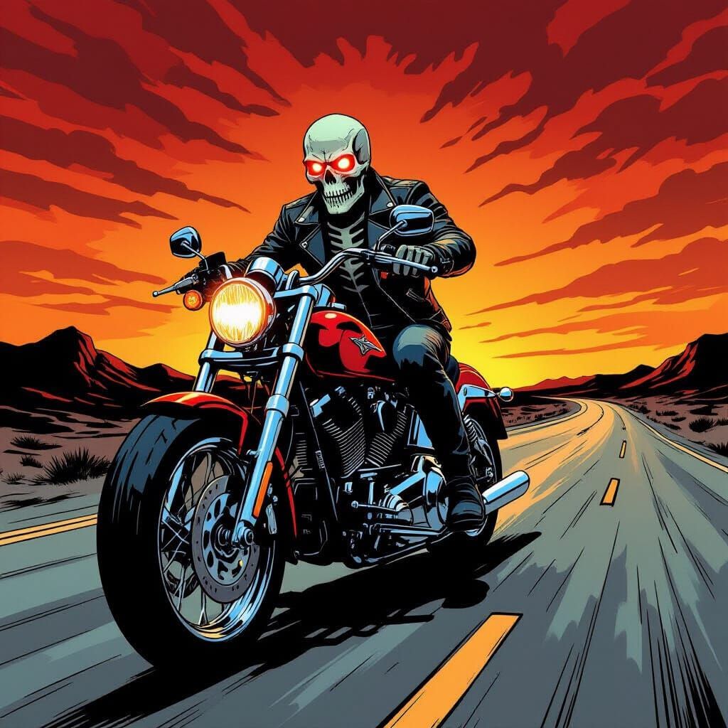 Skeletal Biker on Chrome Motorcycle Dark Comic Style