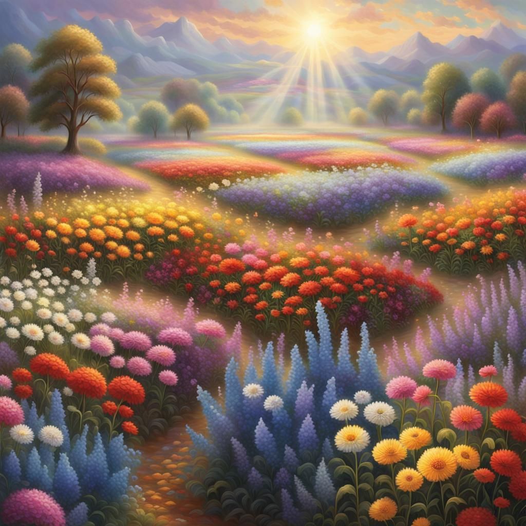 Hyperdetailed Flower Field with Heavenly Light