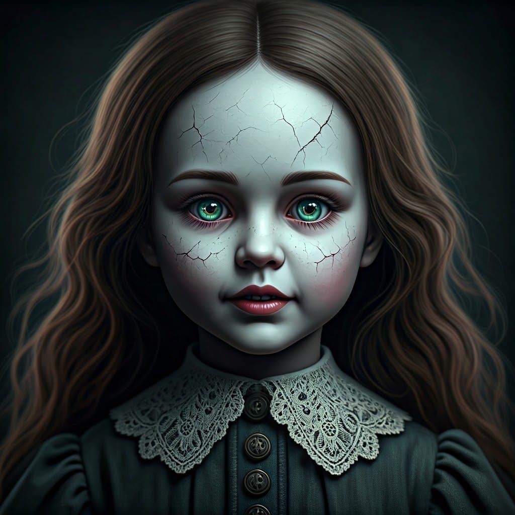Eerie Victorian Doll with Cracked Porcelain Complexion